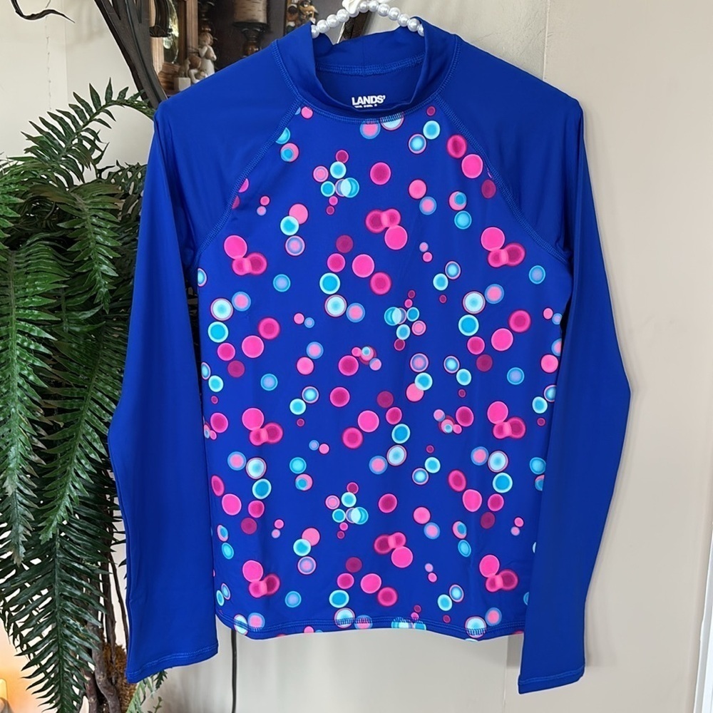 Brand New Lands' End Long Sleeve Mock Neck Rash Guard Electric Blue Bubbles